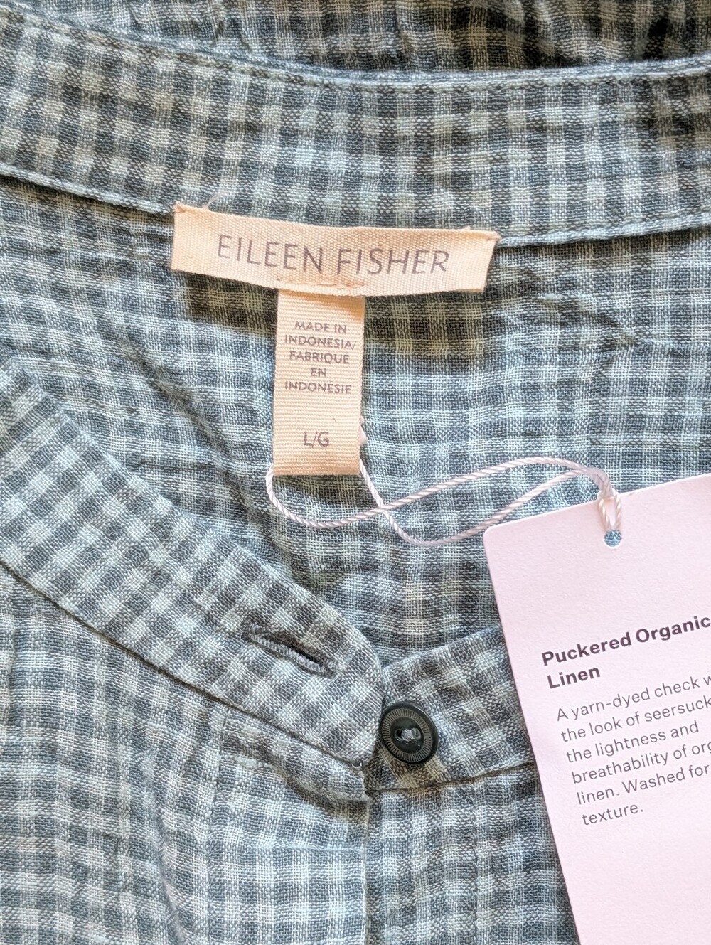 NWT Eileen Fisher Puckered Organic Linen Mandarin Collar Dress - L - Amal - Picture 9 of 12